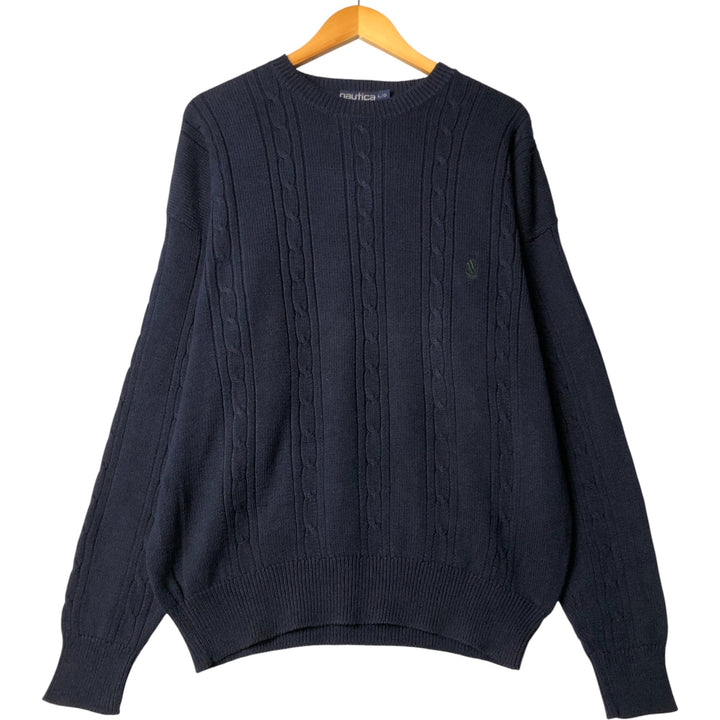 Vintage 90'S Nautica cable knit cotton sweater, size L, men's cotton navy blue type Vintage Second Hand