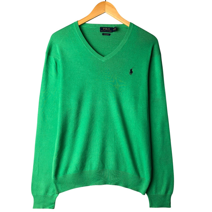 Ralph Lauren POLO RALPH LAUREN PIMA COTTON V-neck Pima cotton knit sweater, men's size M Pima Cotton Emerald green Vintage Second Hand