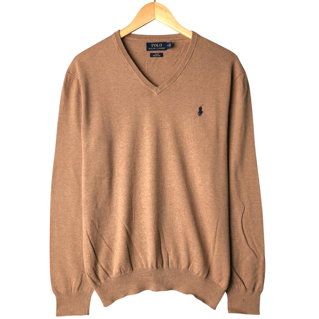 Ralph Lauren POLO RALPH LAUREN Slim Fit Pima Cotton V-Neck Pima Cotton Knit Sweater, Men's Size Medium unclear beige type brown Vintage Second Hand