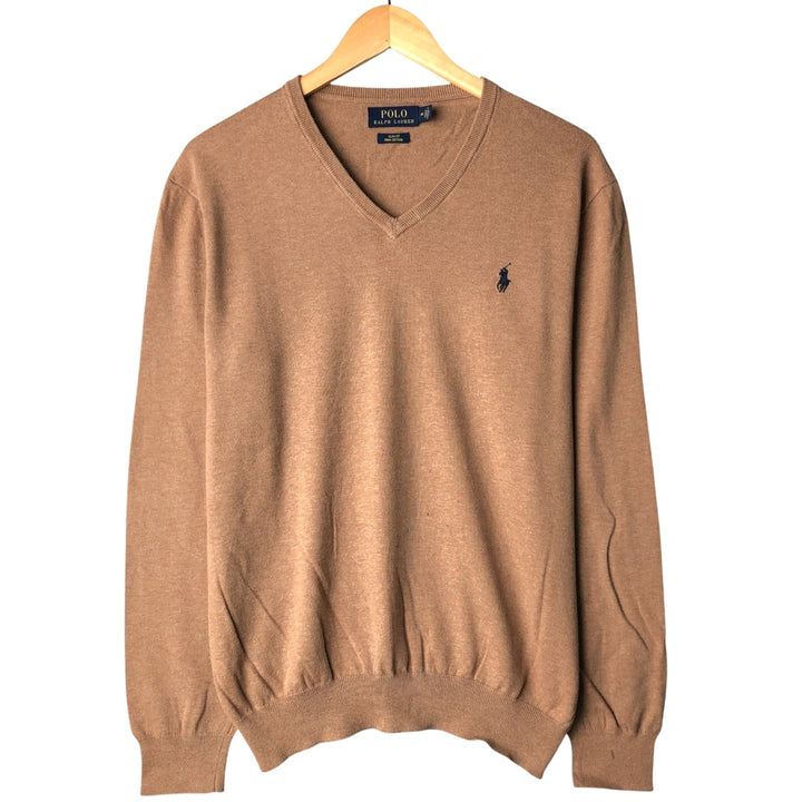 Ralph Lauren POLO RALPH LAUREN Slim Fit Pima Cotton V-Neck Pima Cotton Knit Sweater, Men's Size Medium unclear beige type brown Vintage Second Hand