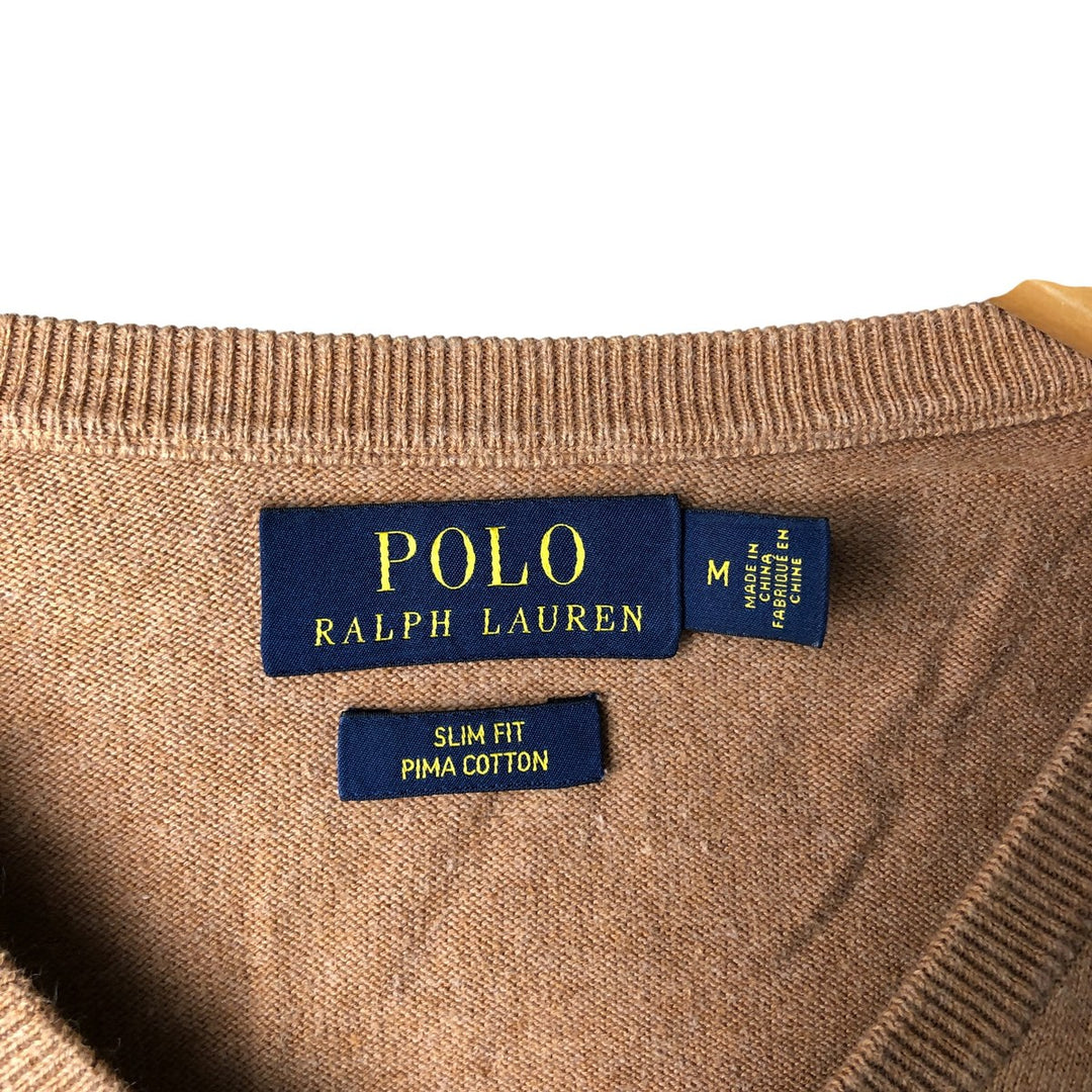 Ralph Lauren POLO RALPH LAUREN Slim Fit Pima Cotton V-Neck Pima Cotton Knit Sweater, Men's Size Medium unclear beige type brown Vintage Second Hand