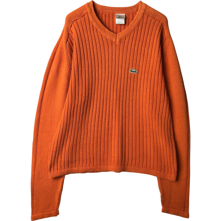 Lacoste, French-designed V-neck knit sweater, size 5, men's size L, ribbed knit unclear orange type Vintage Second Hand