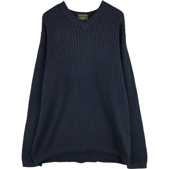 Eddie Bauer Treated with Teflon Ribbed V-Neck Cotton Knit Sweater, Men's XL cotton navy blue type Vintage Second Hand