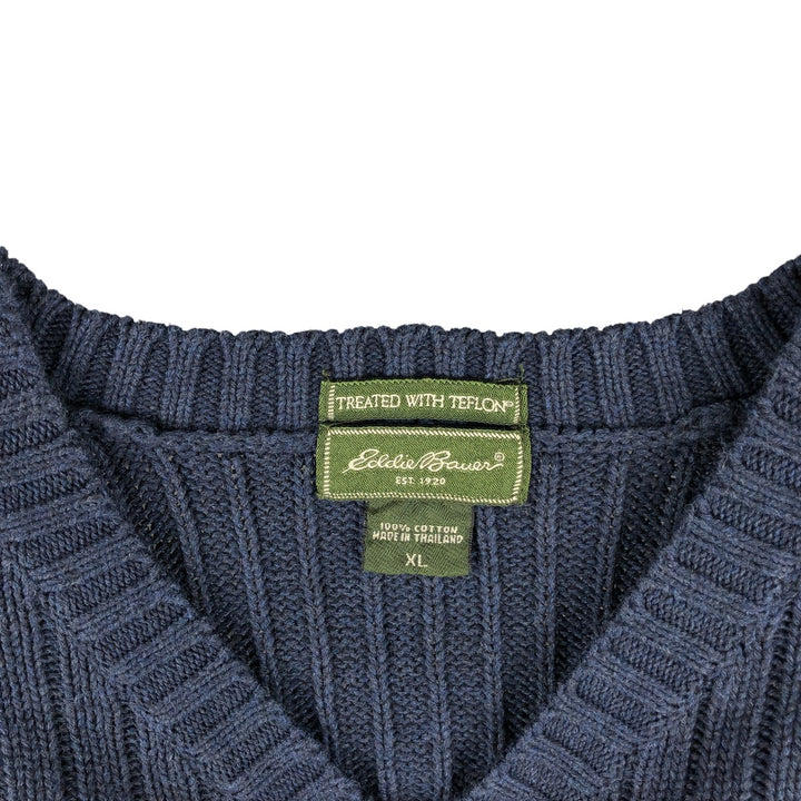 Eddie Bauer Treated with Teflon Ribbed V-Neck Cotton Knit Sweater, Men's XL cotton navy blue type Vintage Second Hand