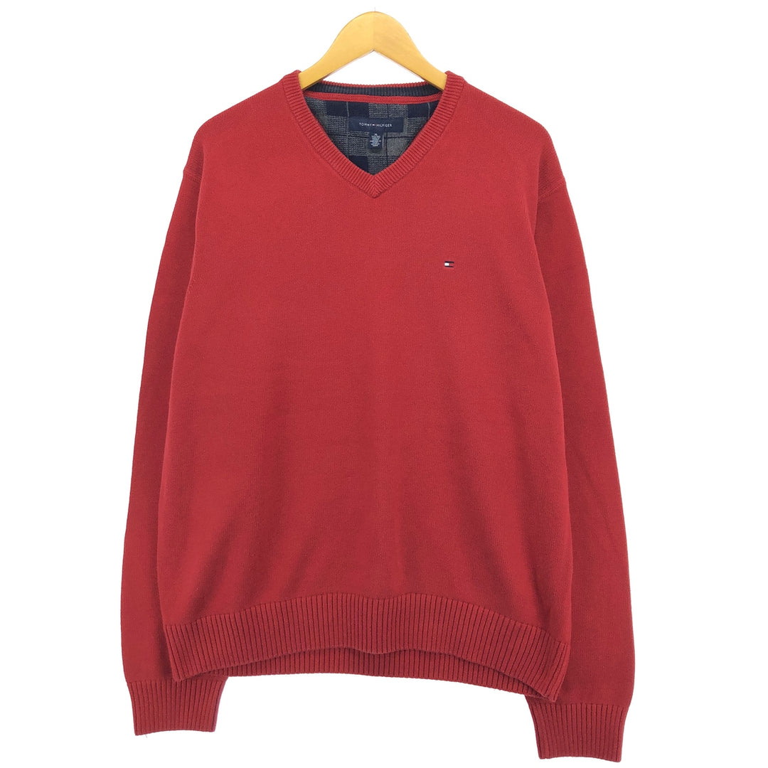 00'S Tommy Hilfiger V-neck cotton knit sweater, men's size XL cotton red type Vintage Second Hand