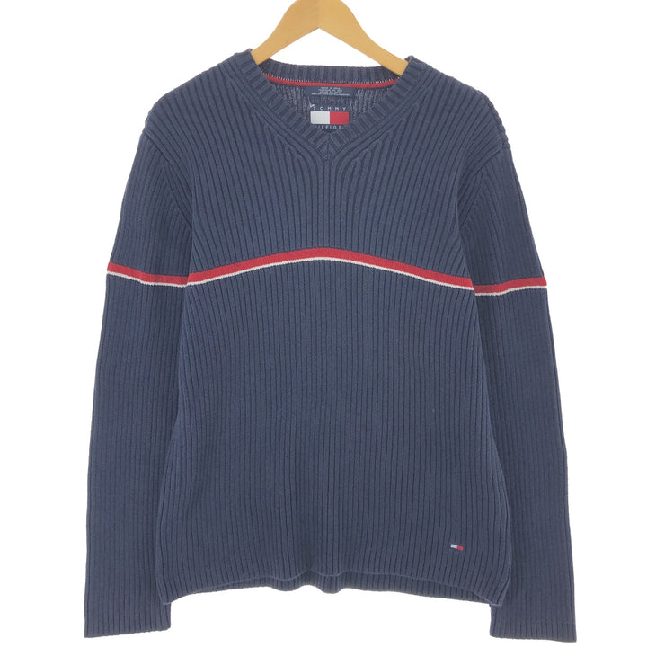 TOMMY HILFIGER Ribbed V-neck cotton knit sweater for men, size L / eaa434547