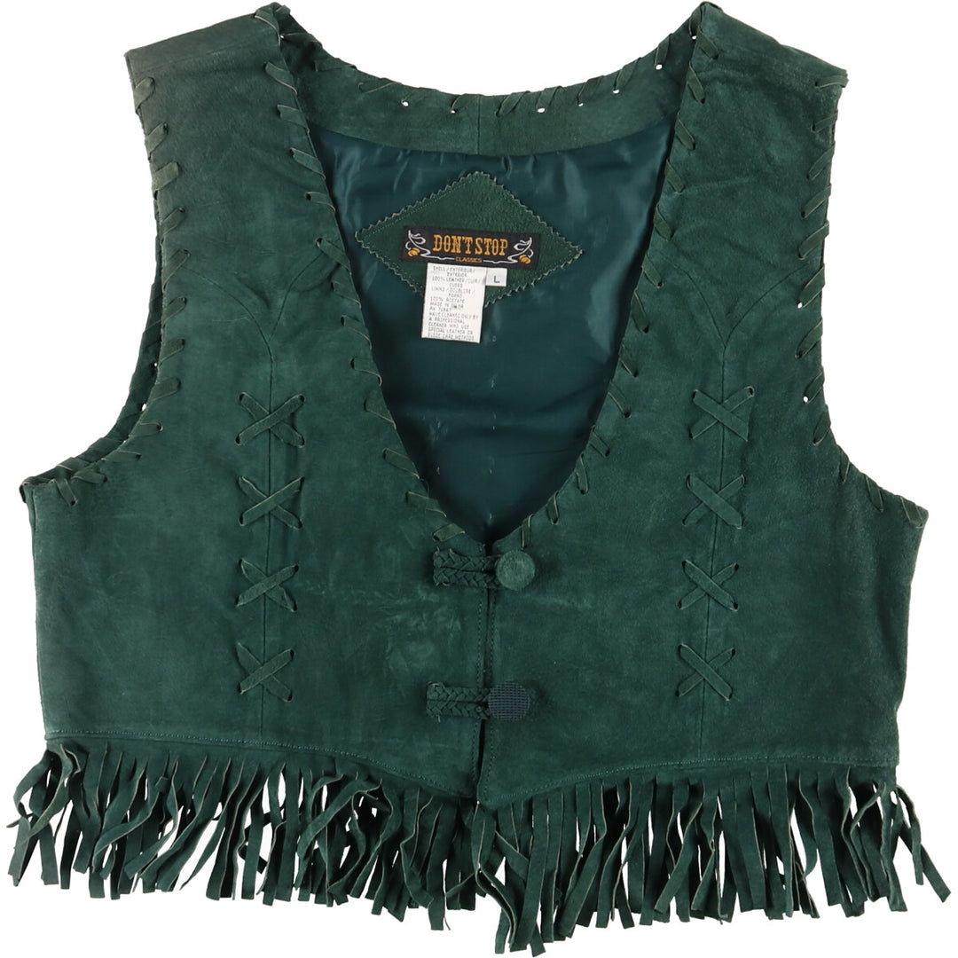 DON'T STOP Lace-up Fringe Leather Vest Women's L Vintage /eaa435533