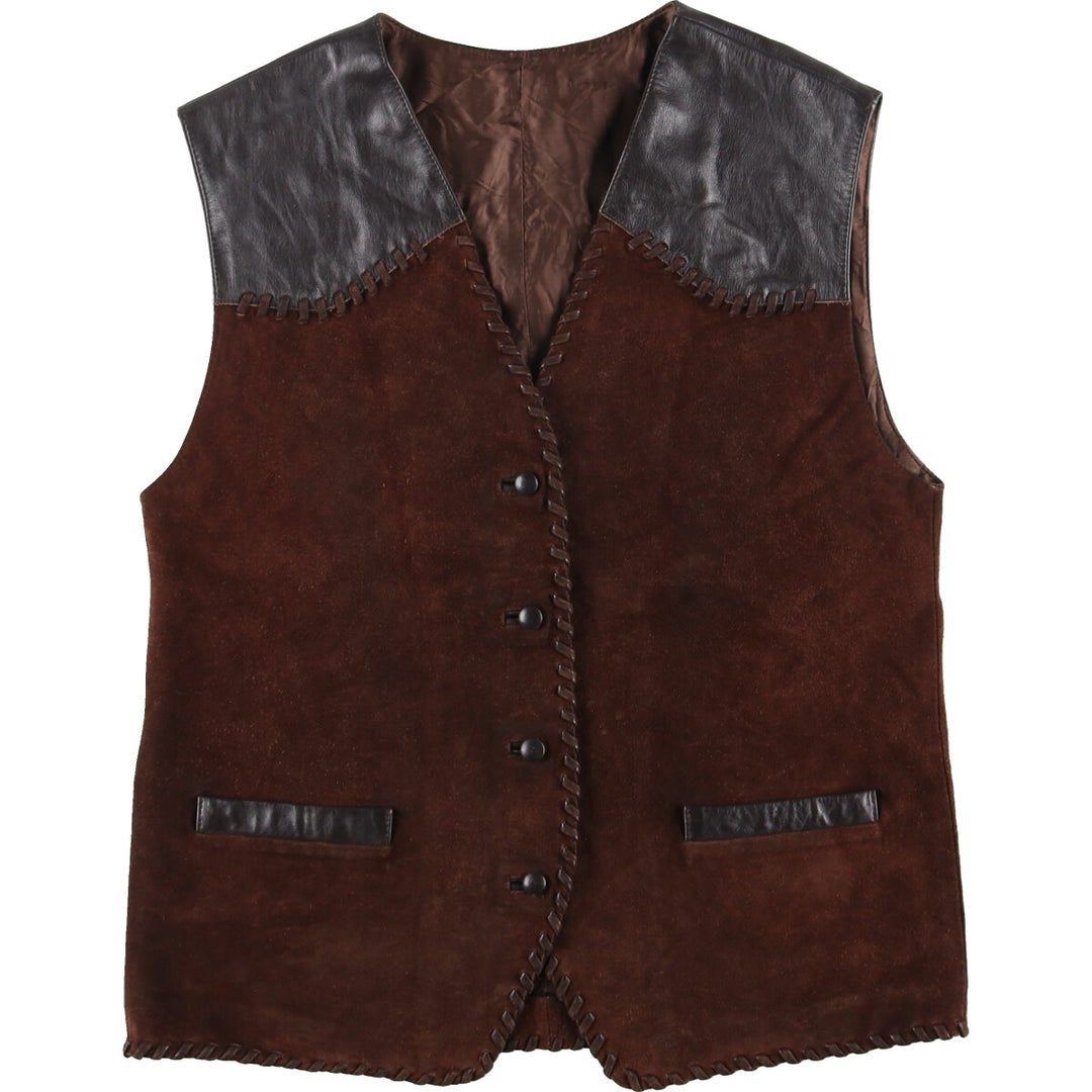 Leather-trimmed suede leather vest, made in Italy, women's L /eaa435535