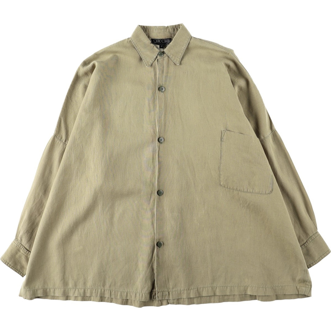 90'S Gene Ewing BIS Long-Sleeve Linen Box Shirt, Made in USA, Women's Size M (Equivalent), Vintage linen Khaki type Vintage Second Hand