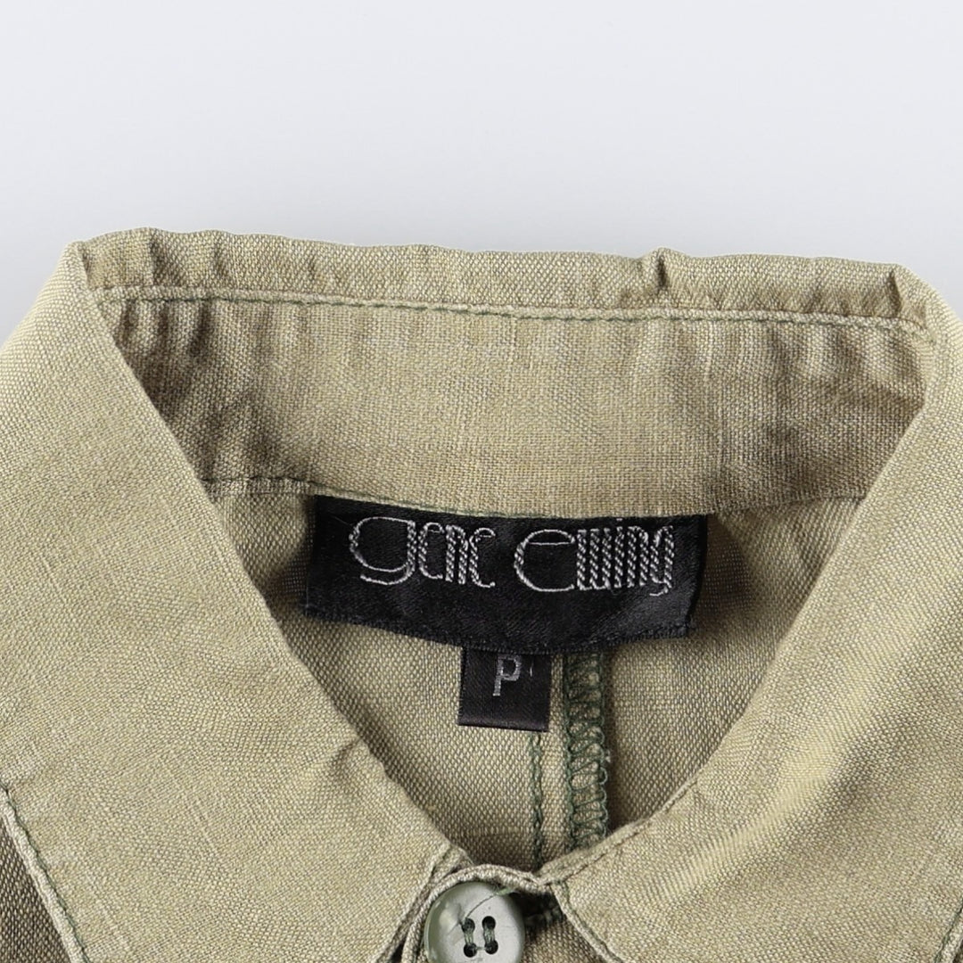 90'S Gene Ewing BIS Long-Sleeve Linen Box Shirt, Made in USA, Women's Size M (Equivalent), Vintage linen Khaki type Vintage Second Hand