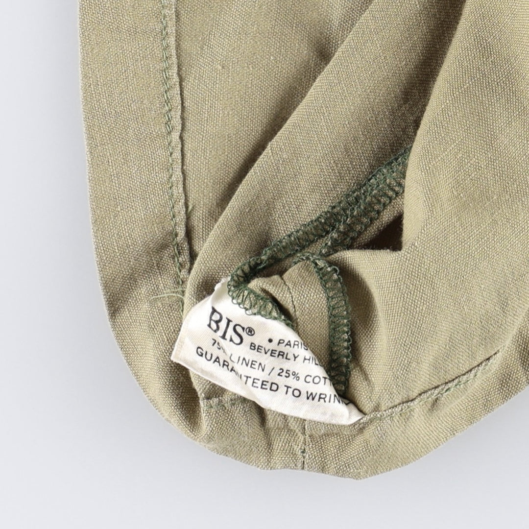 90'S Gene Ewing BIS Long-Sleeve Linen Box Shirt, Made in USA, Women's Size M (Equivalent), Vintage linen Khaki type Vintage Second Hand