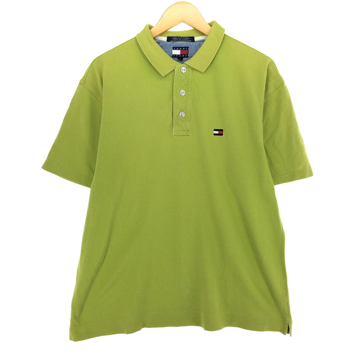 90'S Tommy Hilfiger JEANS short sleeve polo shirt, men's size L cotton green type yellow green Vintage Second Hand