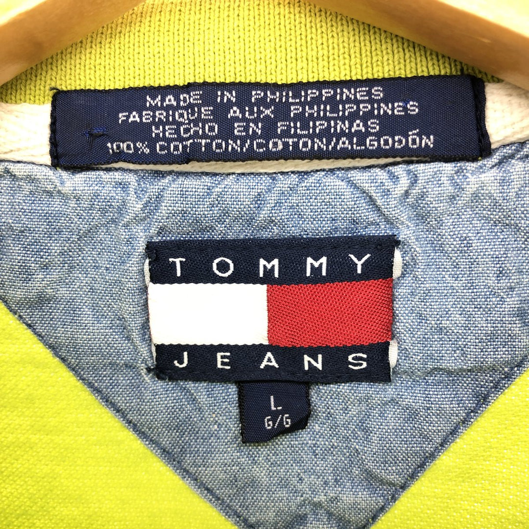 90'S Tommy Hilfiger JEANS short sleeve polo shirt, men's size L cotton green type yellow green Vintage Second Hand