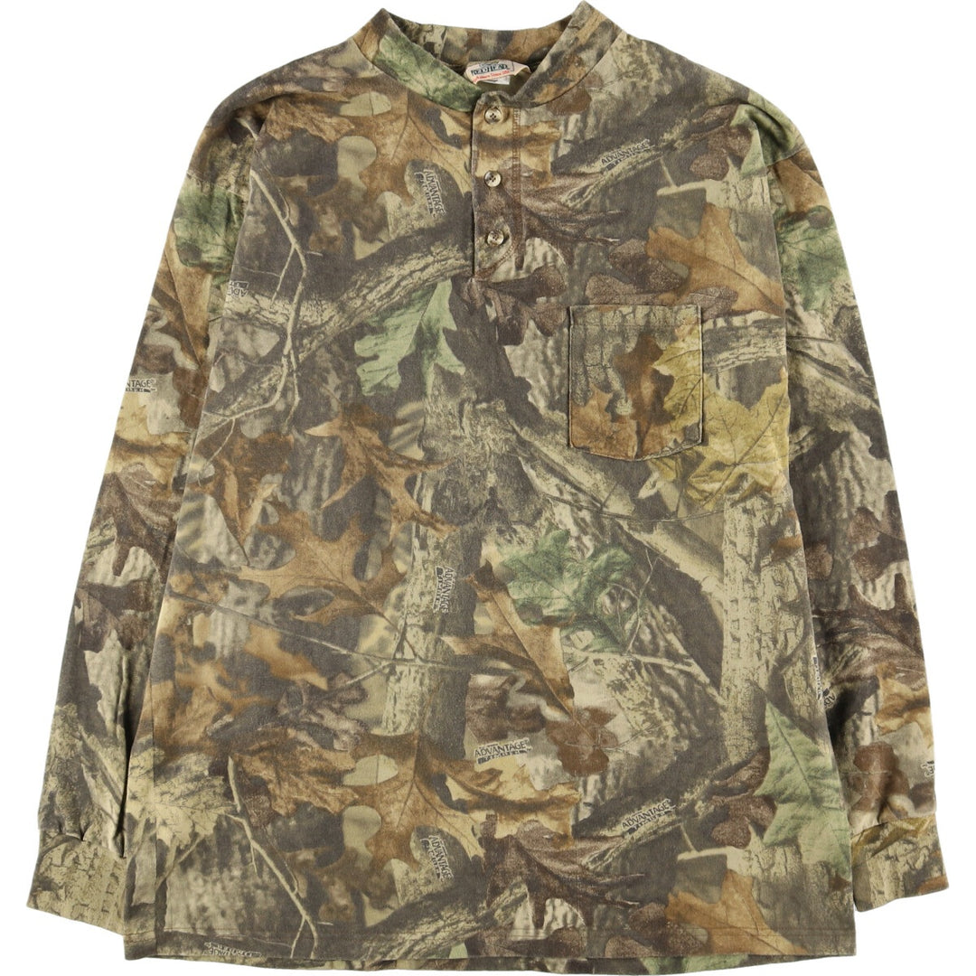 80's RED HEAD camouflage pattern real tree camo henley neck long t-shirt long tee men's XL vintage /eaa438387