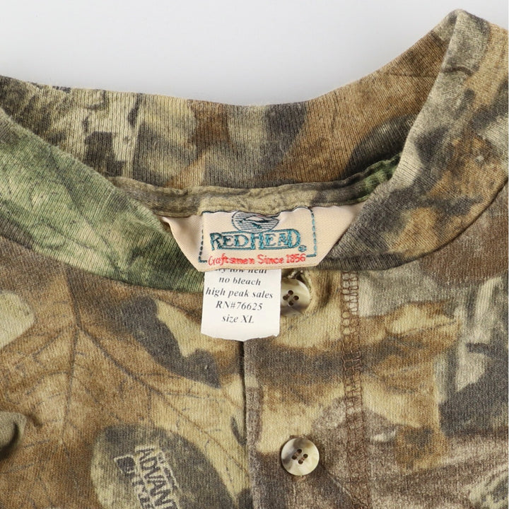 80's RED HEAD camouflage pattern real tree camo henley neck long t-shirt long tee men's XL vintage /eaa438387