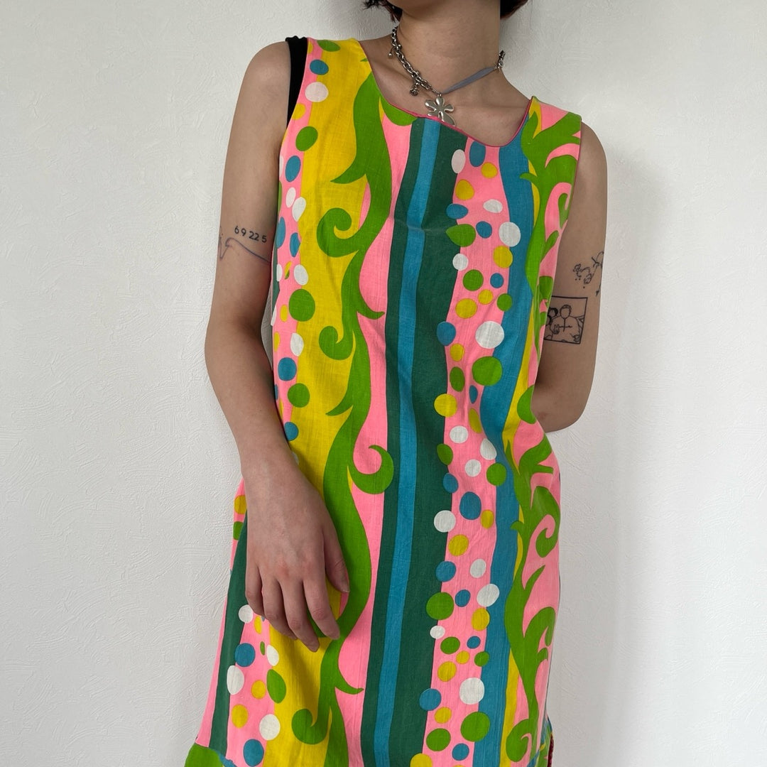 60s~70'S UNKNOWN all-over print sleeveless tight dress women's L vintage /eaa440692