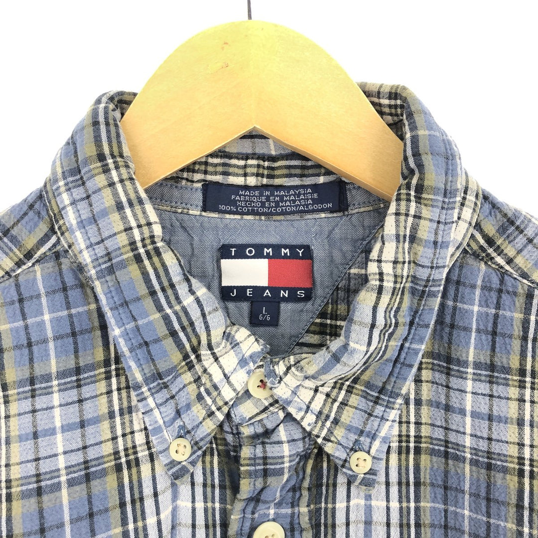 90'S Tommy Hilfiger Seersucker Short Sleeve Button Down Check Shirt Men's L /eaa441041