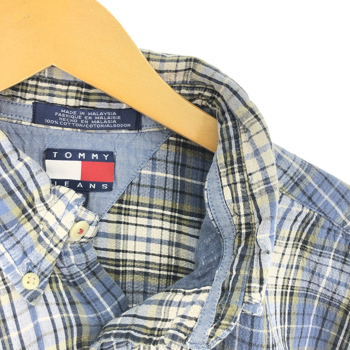 90'S Tommy Hilfiger Seersucker Short Sleeve Button Down Check Shirt Men's L /eaa441041