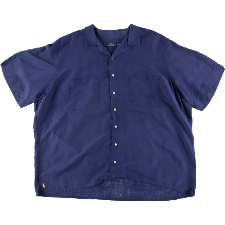 Big size Ralph Lauren POLO RALPH LAUREN short sleeve open collar linen shirt men's XXXL linen navy blue type Vintage Second Hand