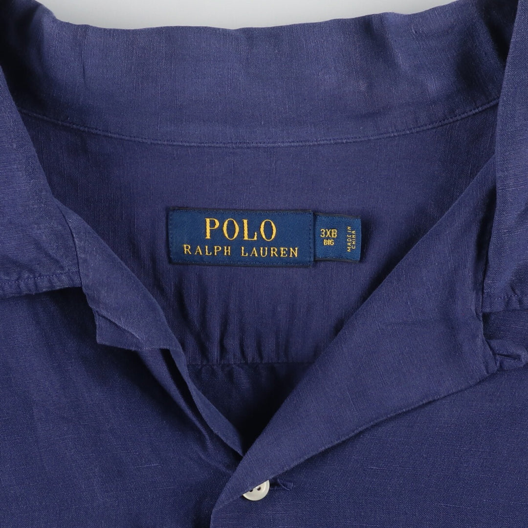 Big size Ralph Lauren POLO RALPH LAUREN short sleeve open collar linen shirt men's XXXL linen navy blue type Vintage Second Hand