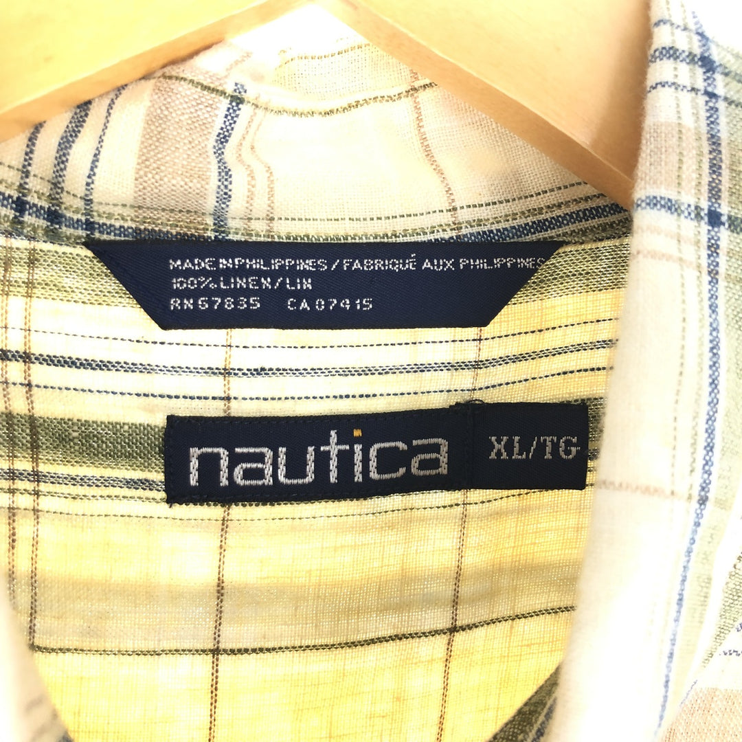 90'S NAUTICA Check Pattern Short Sleeve Linen Button Down Shirt Men's XL Vintage /eaa442576