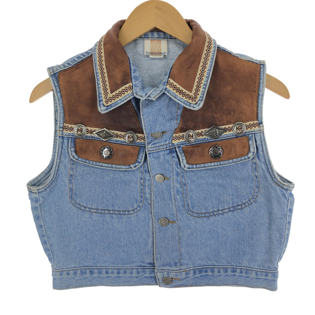 STREETS AHEAD Leather-trimmed denim vest, made in the USA, women's M /eaa443692