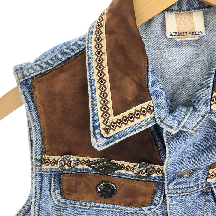 STREETS AHEAD Leather-trimmed denim vest, made in the USA, women's M /eaa443692