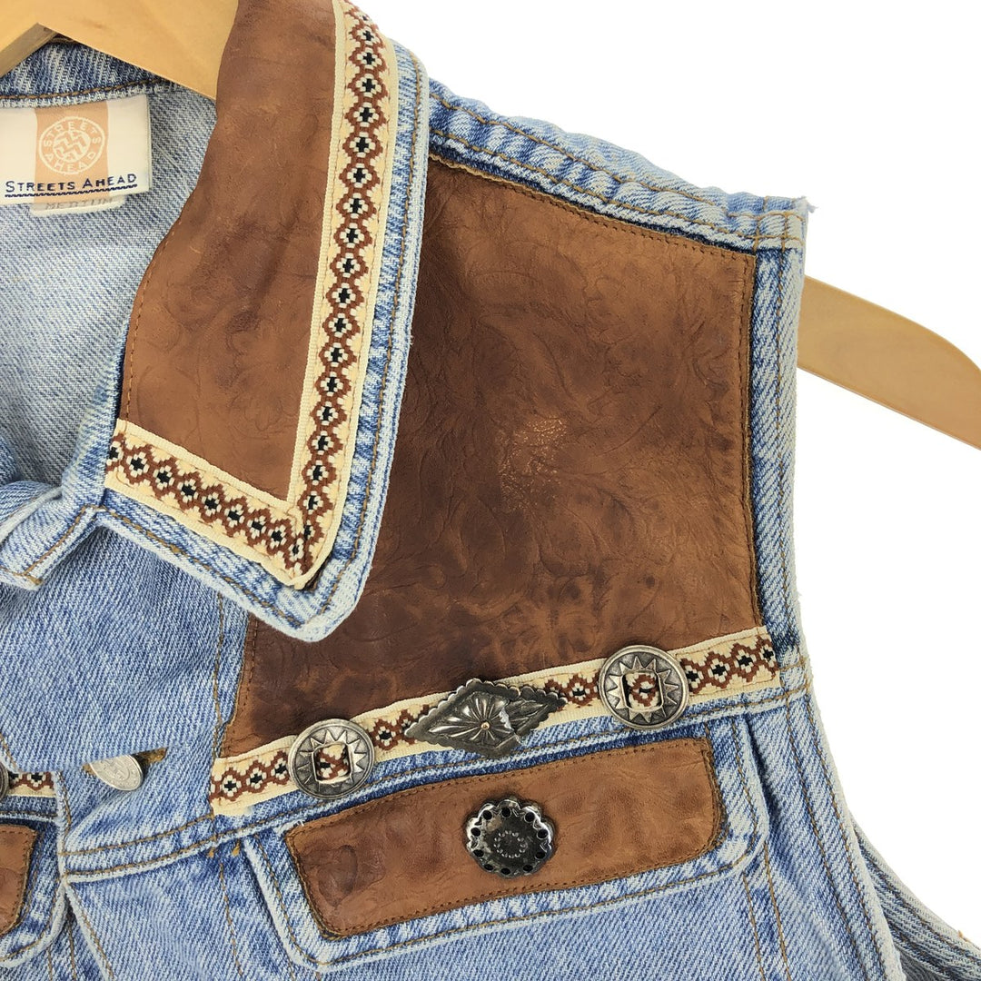 STREETS AHEAD Leather-trimmed denim vest, made in the USA, women's M /eaa443692