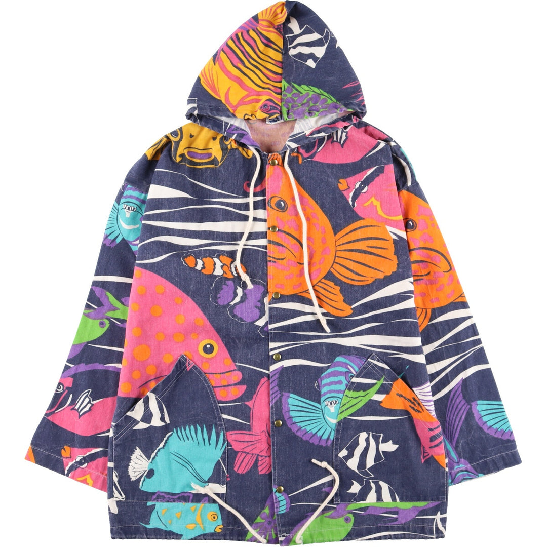 ~90'S MICHIGAN RAG CO. All-over fish print poly x cotton hoodie, men's XL, vintage /eaa445933