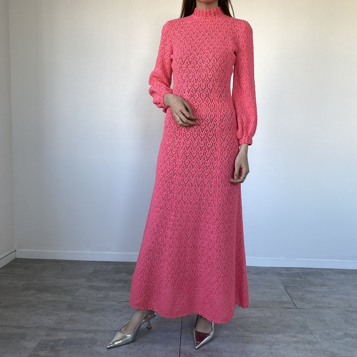 70'S Picardo Knits Crochet Knit High Neck Maxi Length Long Sleeve Flare Dress Women's M Vintage /eaa447202