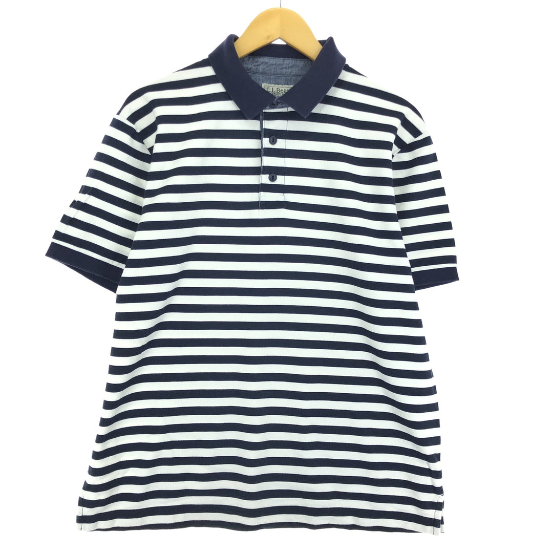 80'S LLBean Short Sleeve Polo Shirt MED-REG Men's L Vintage cotton navy blue type Vintage Second Hand