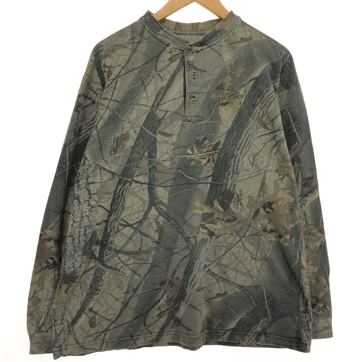 90'S Duxbak Camouflage Pattern Real Tree Camo Henley Neck Long T-Shirt Long T Men's L Vintage /eaa448011