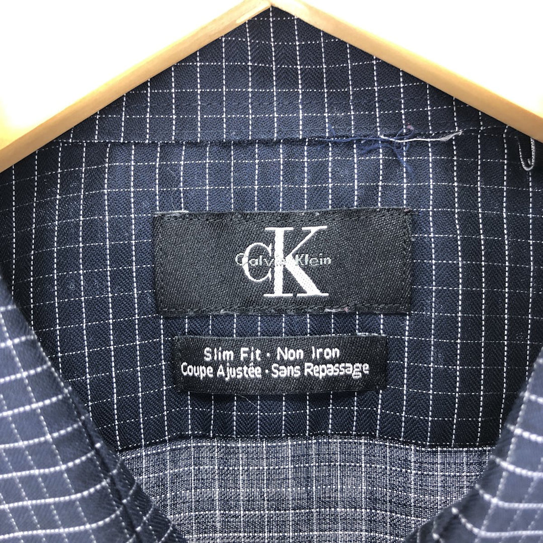 90'S ~ Calvin Klein Slim Fit Wide Collar Long Sleeve Cotton Check Shirt Men's L Vintage /eaa448263