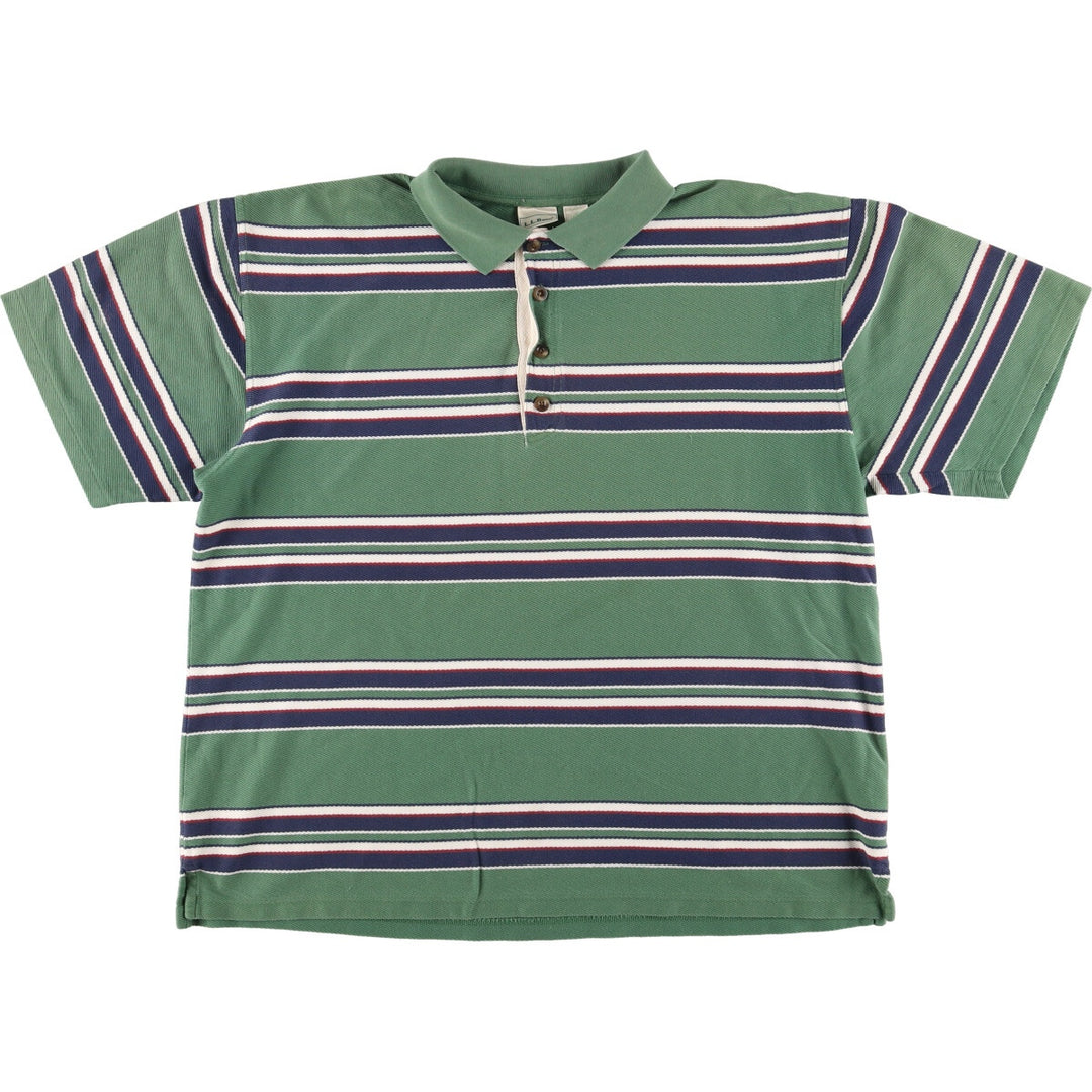 LLBean Border Pattern Short Sleeve Check Polo Shirt Men's XL cotton green type Vintage Second Hand
