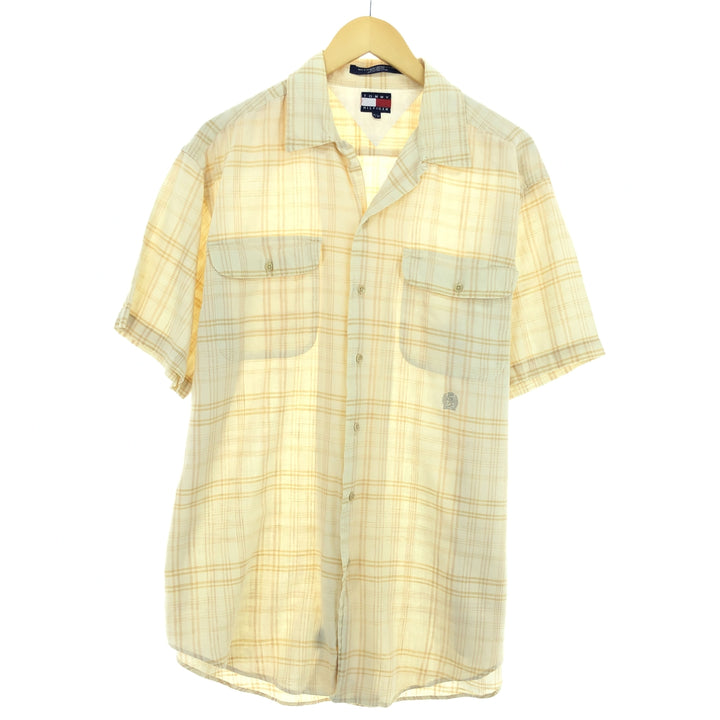 90'S Tommy Hilfiger Check Pattern Short Sleeve Open Collar Linen x Cotton Shirt Men's M Vintage /eaa448694