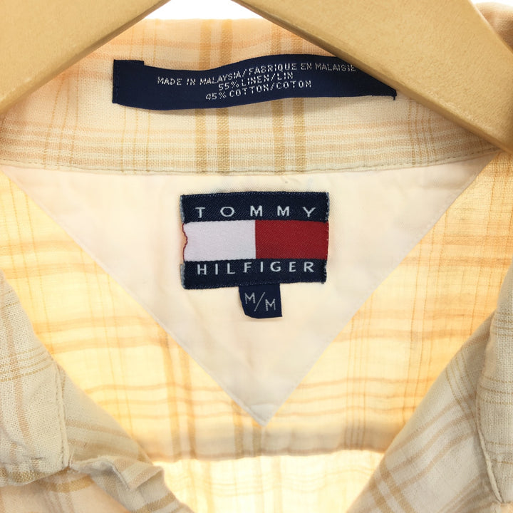 90'S Tommy Hilfiger Check Pattern Short Sleeve Open Collar Linen x Cotton Shirt Men's M Vintage /eaa448694