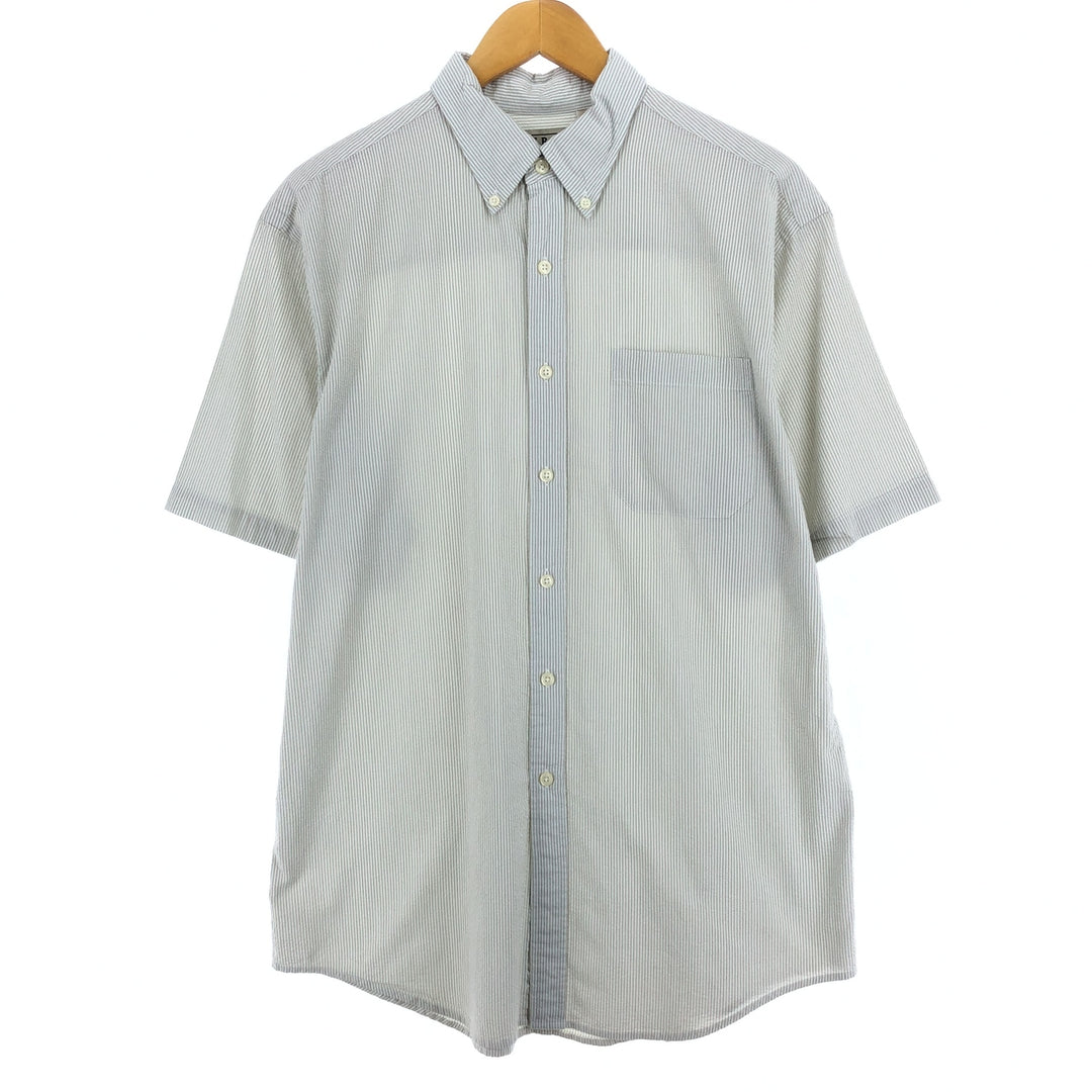 LLBean Seersucker Short Sleeve Button-Down Striped Shirt Men's M cotton Beige type Vintage Second Hand