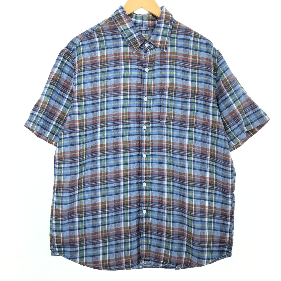 00'S LLBean Check Pattern Short Sleeve Linen Shirt Men's L /eaa452198