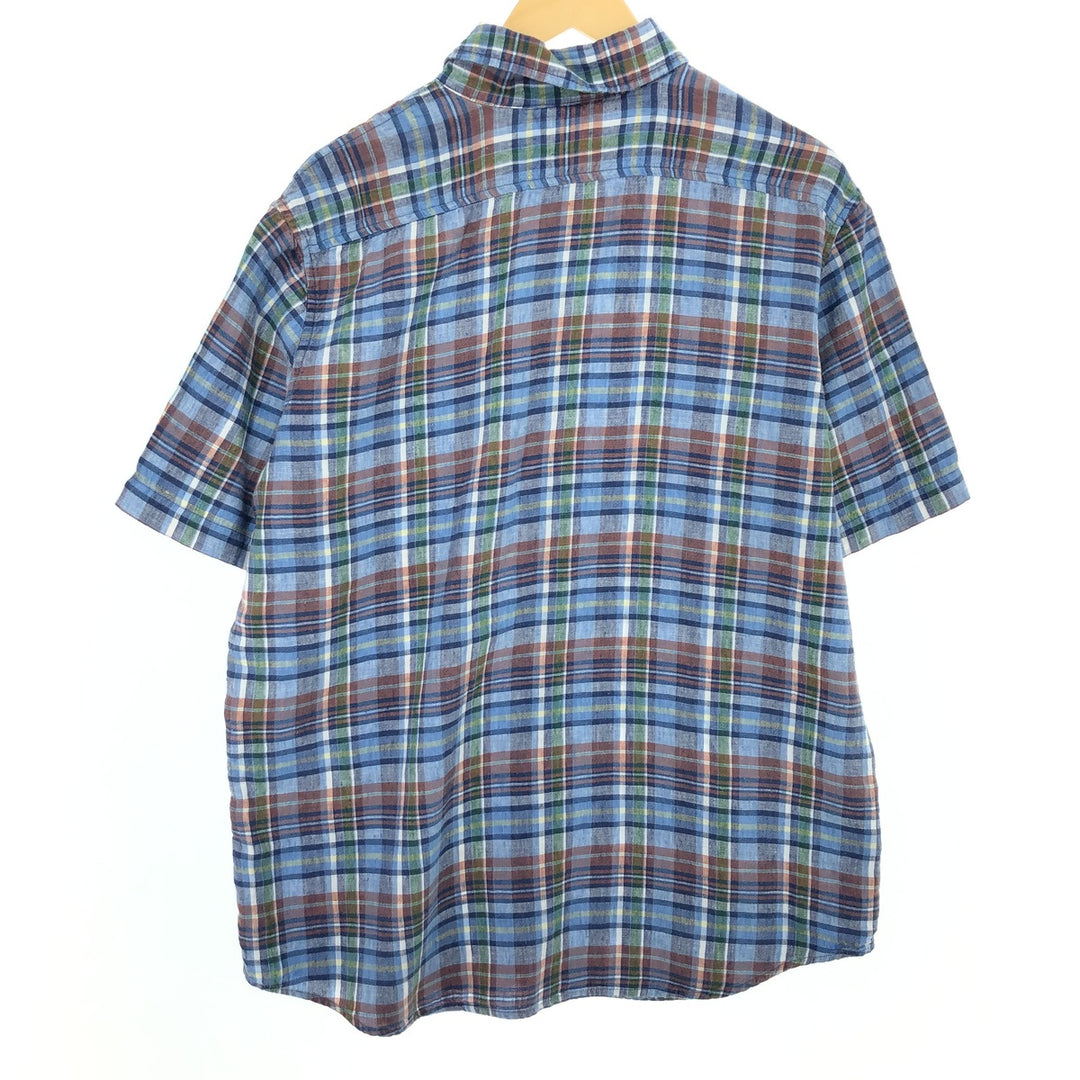 00'S LLBean Check Pattern Short Sleeve Linen Shirt Men's L /eaa452198