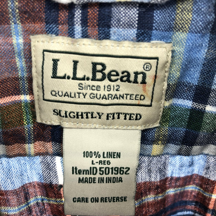 00'S LLBean Check Pattern Short Sleeve Linen Shirt Men's L /eaa452198