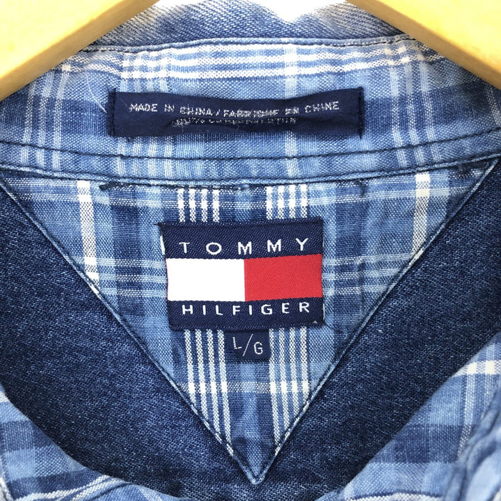 90'S Tommy Hilfiger Check Pattern Long Sleeve Button Down Denim Shirt Men's L Vintage /eaa453033