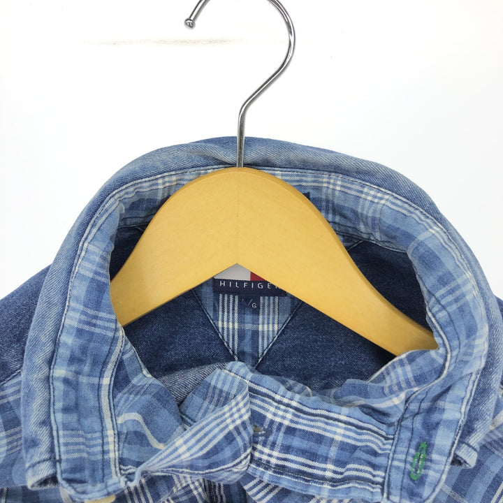 90'S Tommy Hilfiger Check Pattern Long Sleeve Button Down Denim Shirt Men's L Vintage /eaa453033