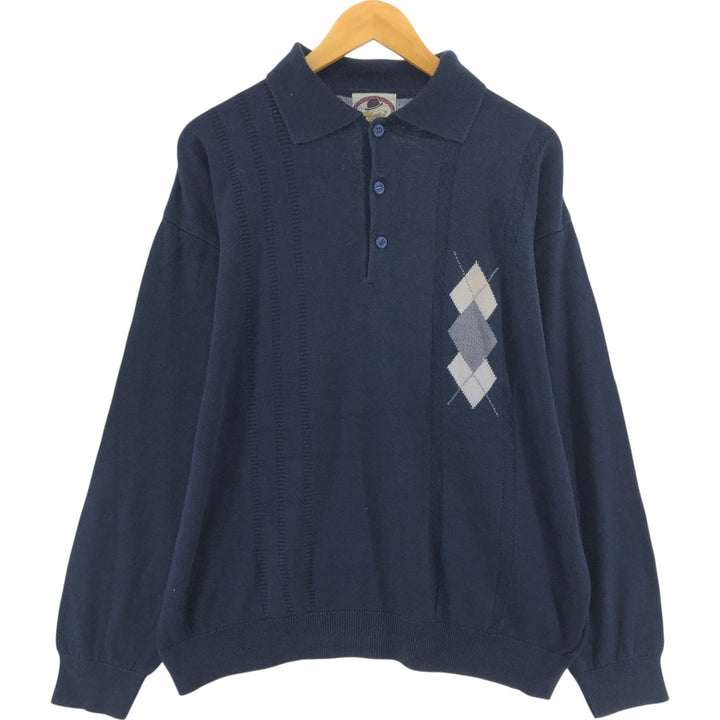 Charlie Argyle Pattern Polo Knit Sweater, Men's Size L unclear navy blue type Vintage Second Hand