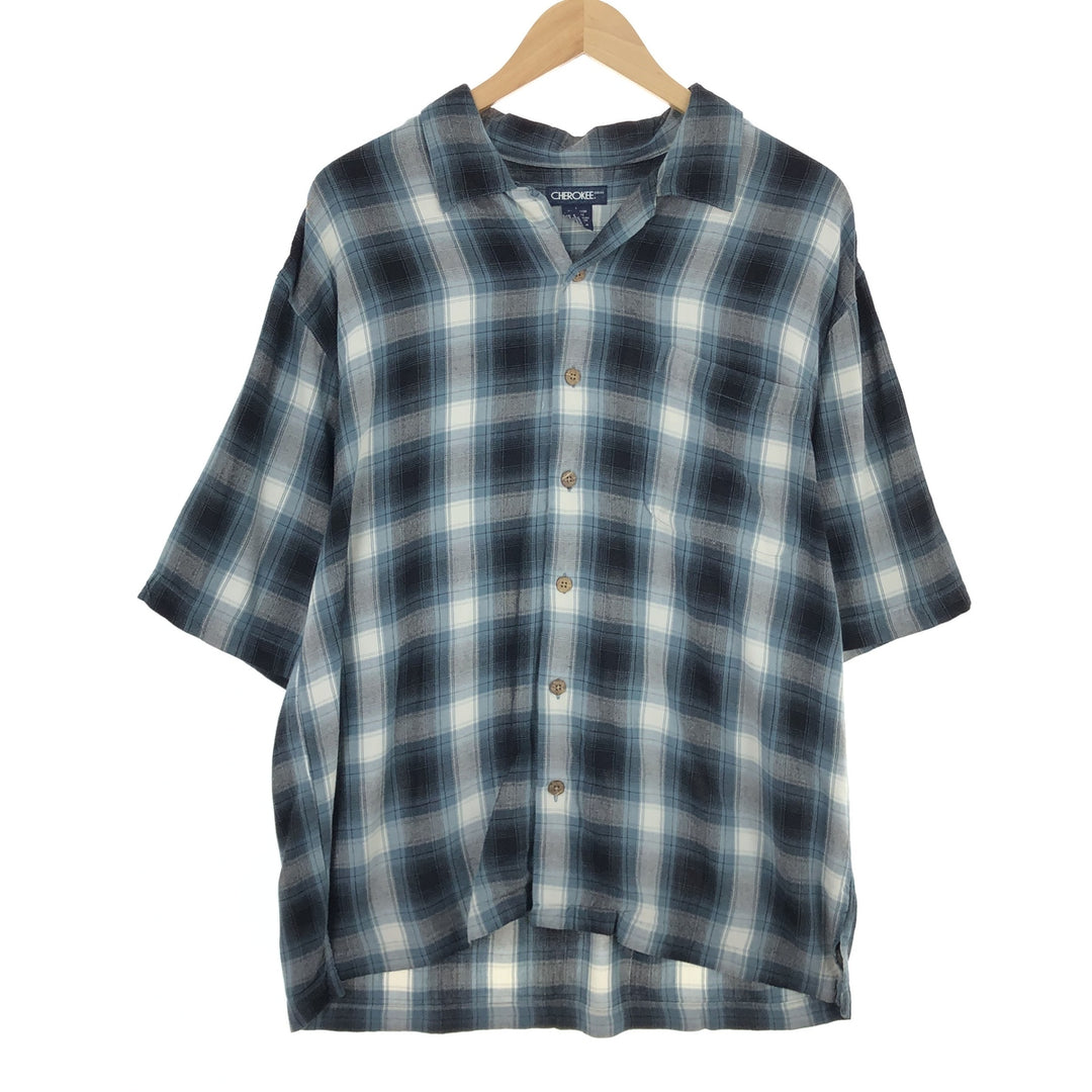 CHEROKEE Check Pattern Open Collar Short Sleeve Rayon Shirt Men's L /eaa457602