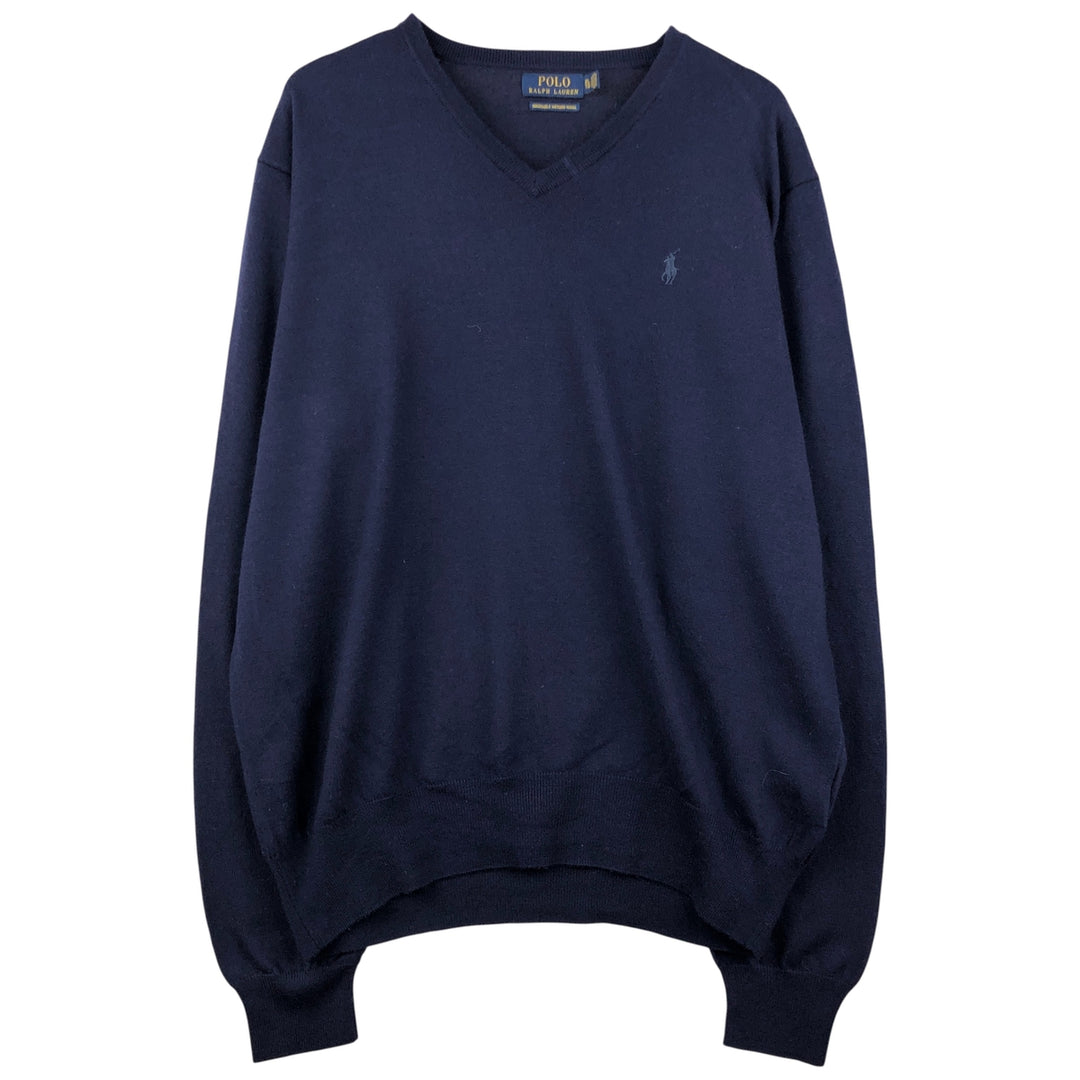 Ralph Lauren POLO RALPH LAUREN Washable Merino Wool V-neck Wool Knit Sweater, Men's XL wool navy blue type Vintage Second Hand
