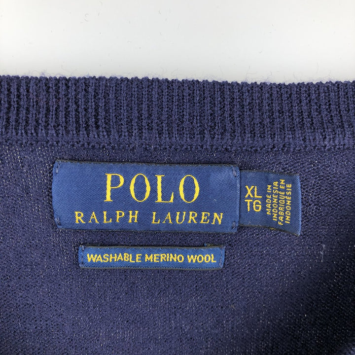 Ralph Lauren POLO RALPH LAUREN Washable Merino Wool V-neck Wool Knit Sweater, Men's XL wool navy blue type Vintage Second Hand