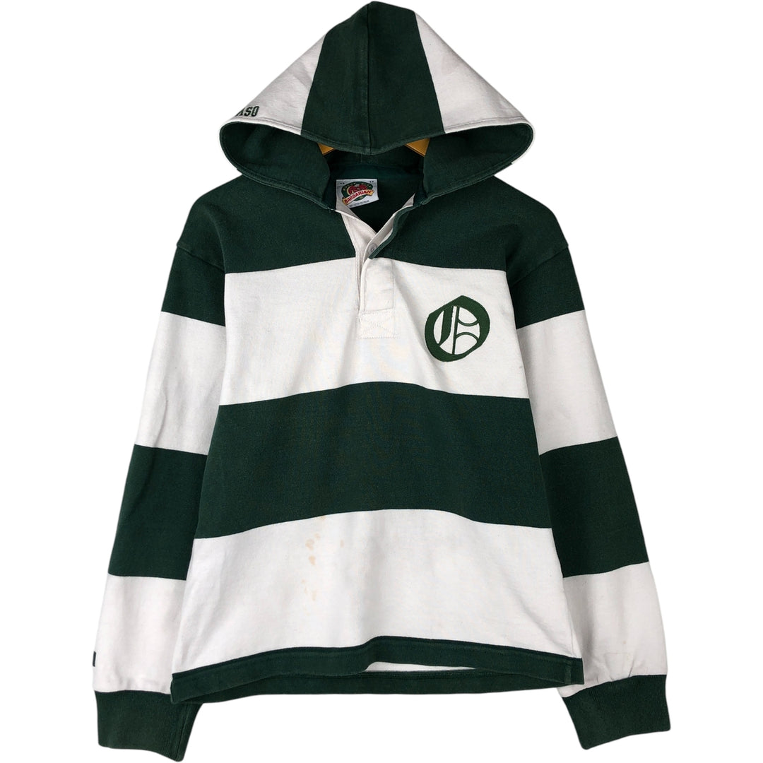 BARBARIAN Border Pattern Hooded Long Sleeve Rugby Shirt, Made in Canada, Men's Size XL cotton green type Vintage Second Hand
