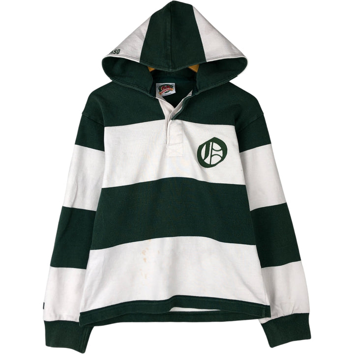 BARBARIAN Border Pattern Hooded Long Sleeve Rugby Shirt, Made in Canada, Men's Size XL cotton green type Vintage Second Hand