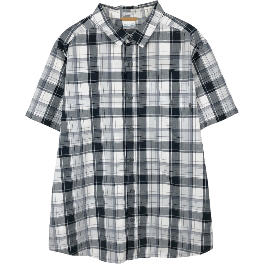 Columbia Regular Fit Short-Sleeve Cotton Check Shirt (Men's Size XL) cotton gray type Vintage Second Hand