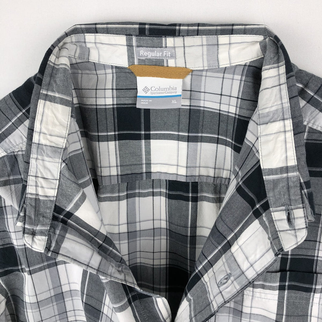Columbia Regular Fit Short-Sleeve Cotton Check Shirt (Men's Size XL) cotton gray type Vintage Second Hand